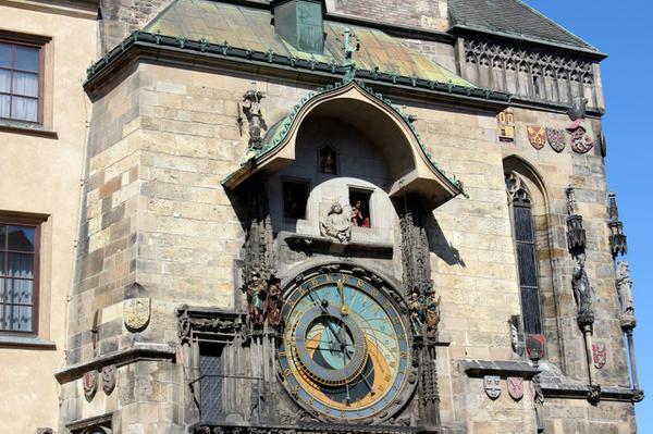 The clock in the old town hall is a very popular sight among tourists.