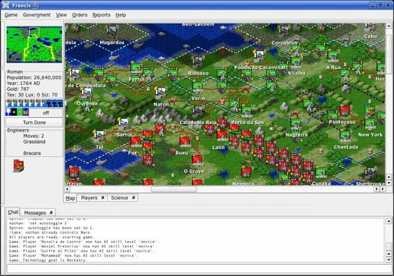 Screen shot of an ongoing game of FreeCiv.