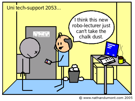 A cartoon shows a balding technician fixing a robotic lecturer which has seized up because of dust, there is also a cup of coffee, a blue-screened beige computer, a full waste paper basket and a Dilbert cartoon on the wall.