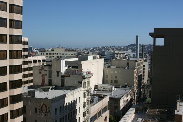 A view of the city from 12 storeys up a tower block.